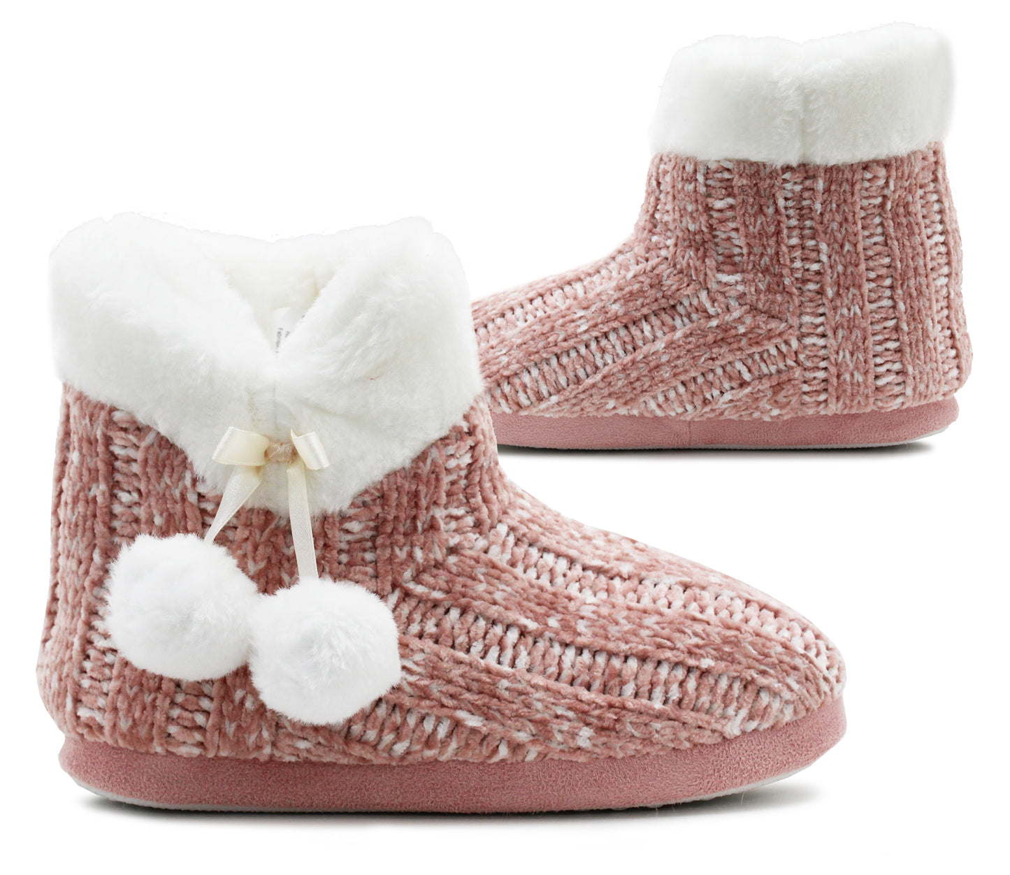 Womens Winter Pink Ankle Slippers Boots Knitted Faux Fur Lined Slip On Plush Cosy Lightweight Pom Pom Booties