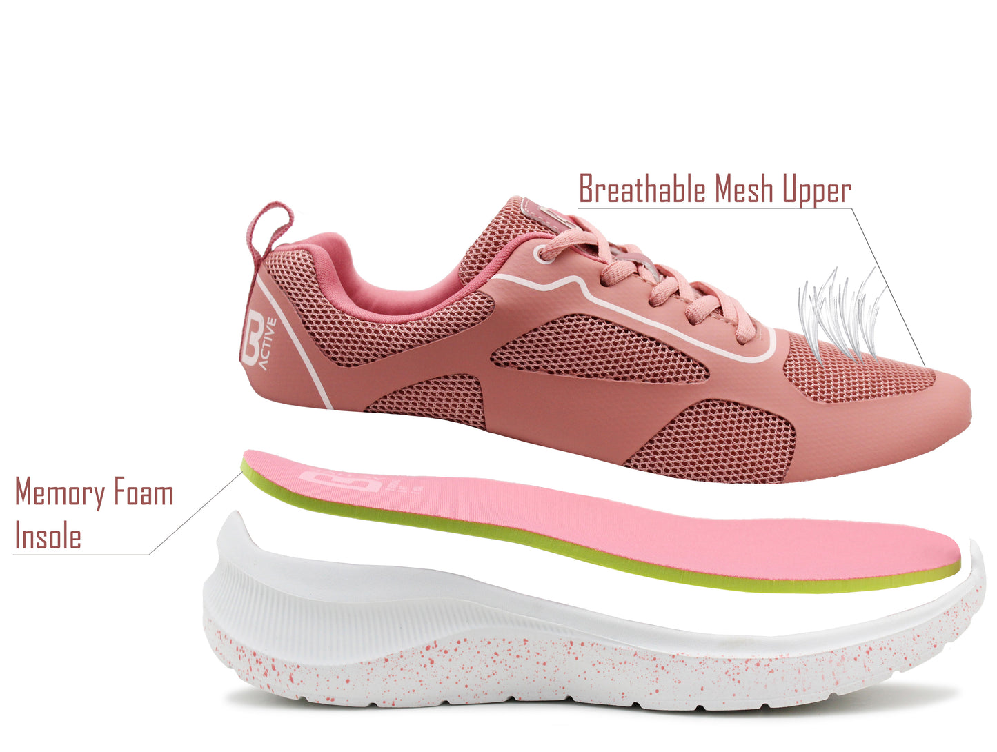 Womens Memory Foam Trainers Pink Lace Up Lightweight Breathable Sneakers Fitness Running Fashion Trainers