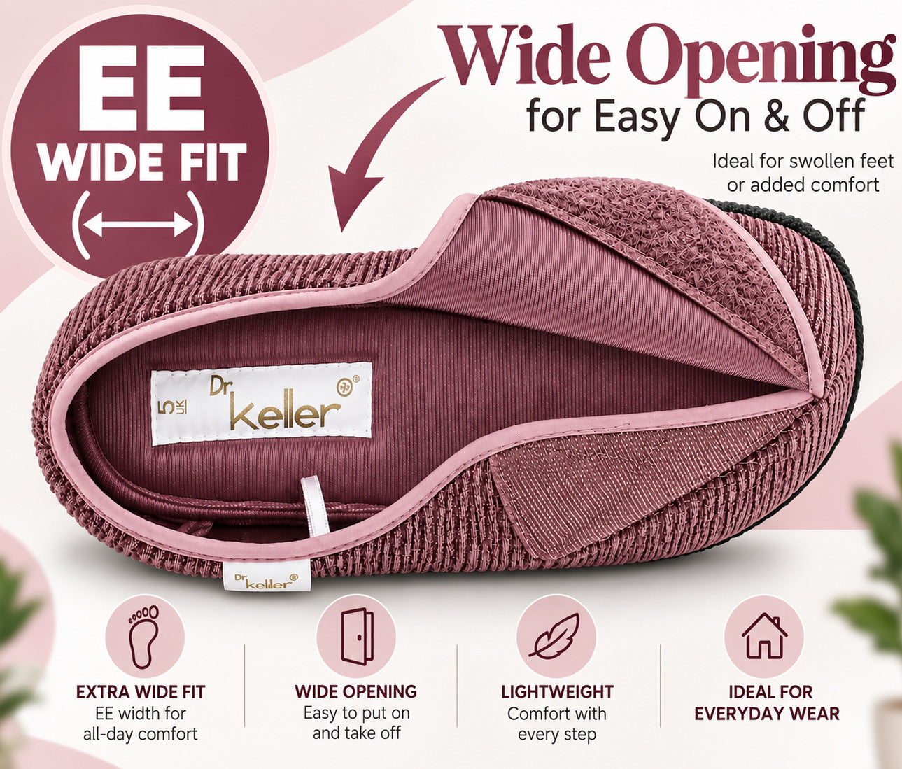 Womens EE Wide Fit Slippers Memory Foam Wide Opening Adjustable Ladies Touch Fasten House Shoes