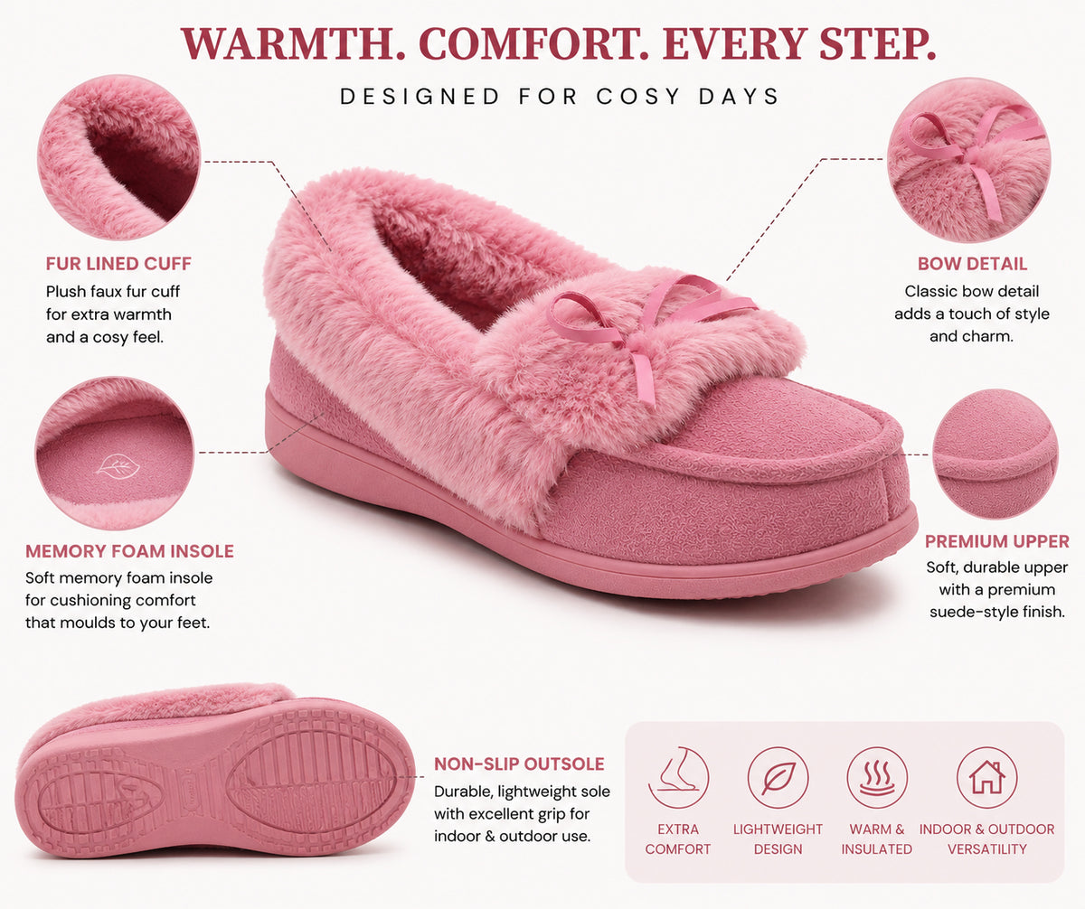 Womens Memory Foam Moccasin Slippers Faux Fur Trim Warm Slip On Ladies Winter House Shoes