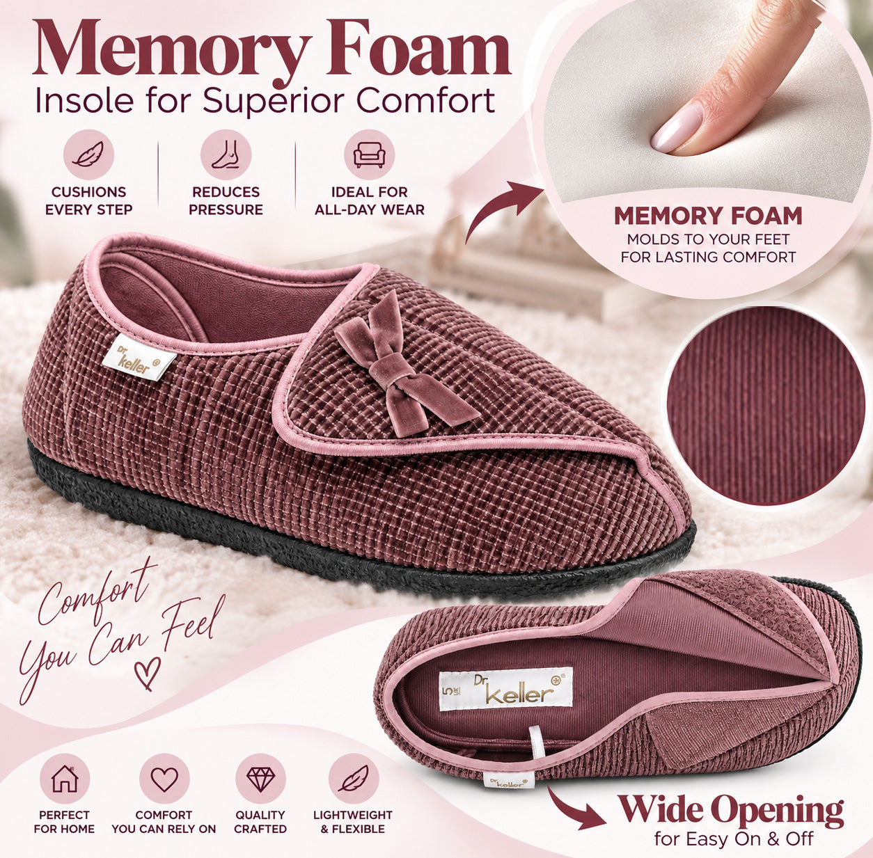 Womens EE Wide Fit Slippers Memory Foam Wide Opening Adjustable Ladies Touch Fasten House Shoes