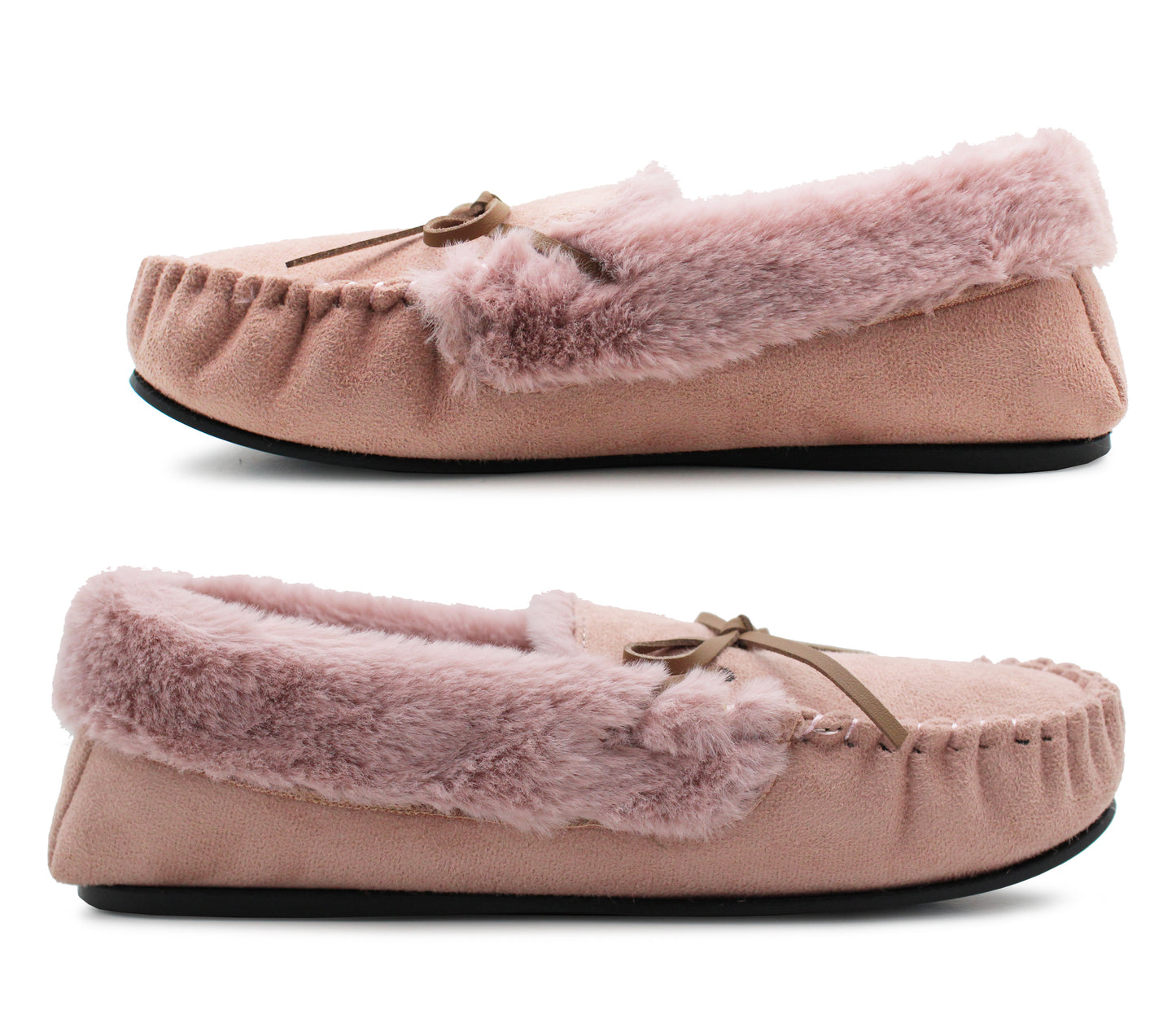 Womens Pink Faux Fur Lined Moccasins Indoor Winter Loafer House Shoes Moc Slippers