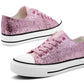 Womens Canvas Sparkly Pink Glitter Trainers Lace Up Glitter Chunky Sole Low Top Platform Baseball Sneakers Ladies Flat Fashion Pumps