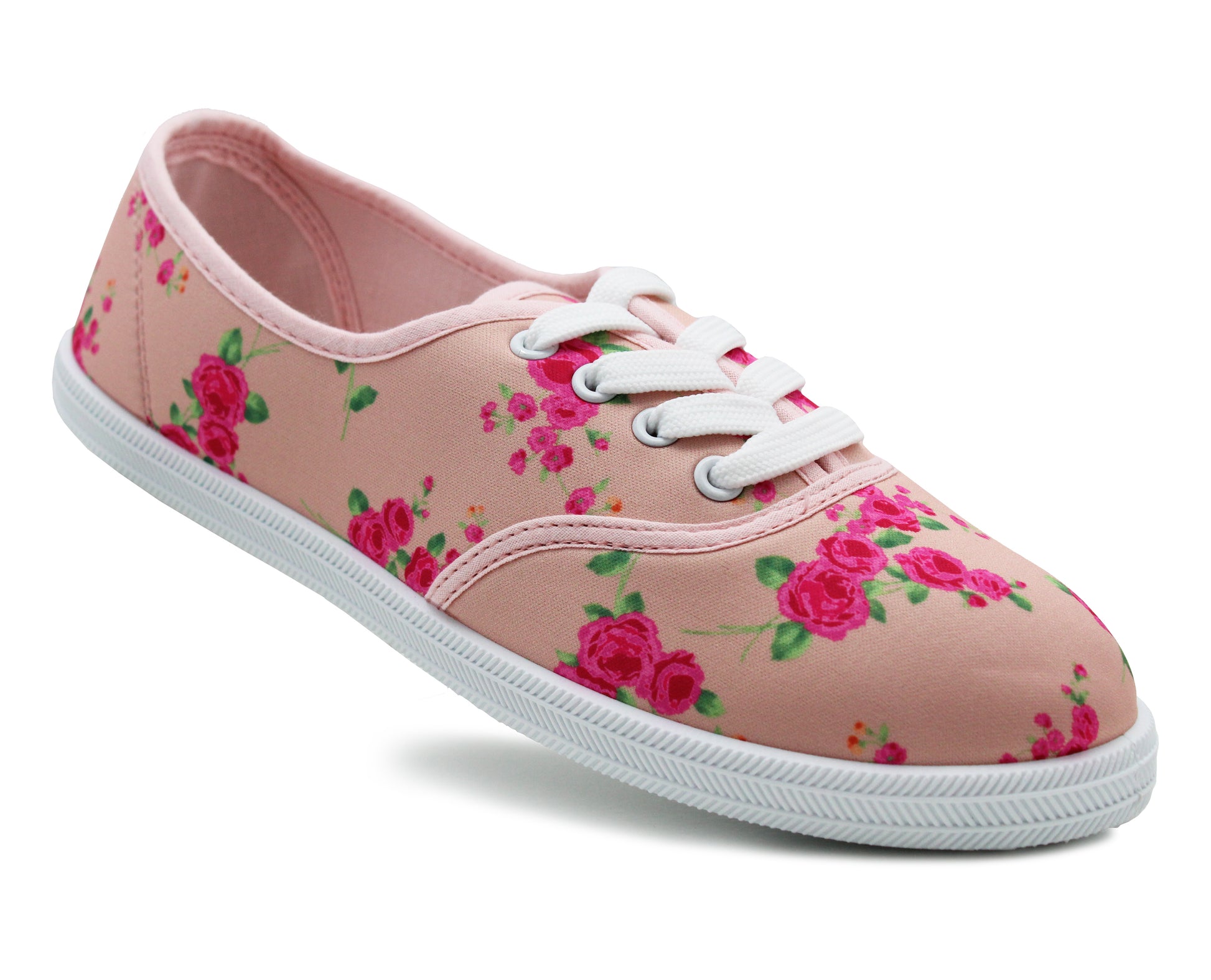Womens Pink Floral Canvas Lace Up Plimsolls Flat Pumps Casual Loafer Trainers