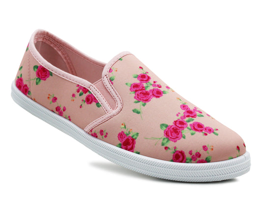 Womens Pink Floral Canvas Slip On Plimsolls Flat Pumps Casual Loafer Trainers