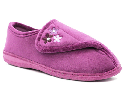 Womens Lightweight Faux Fur Wide Opening Touch Fasten Diabetic Orthopaedic Purple Slippers