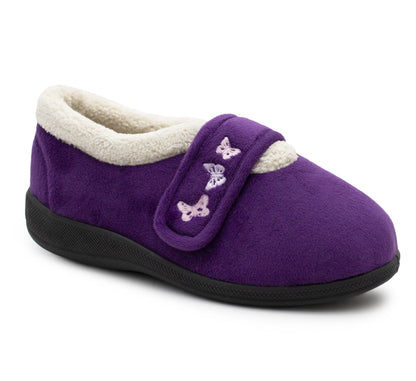 Womens Fleece Lined Purple Slippers Warm Wide Opening Touch Fasten Strap Winter Indoor Cosy Ladies Casual Flat House Shoes