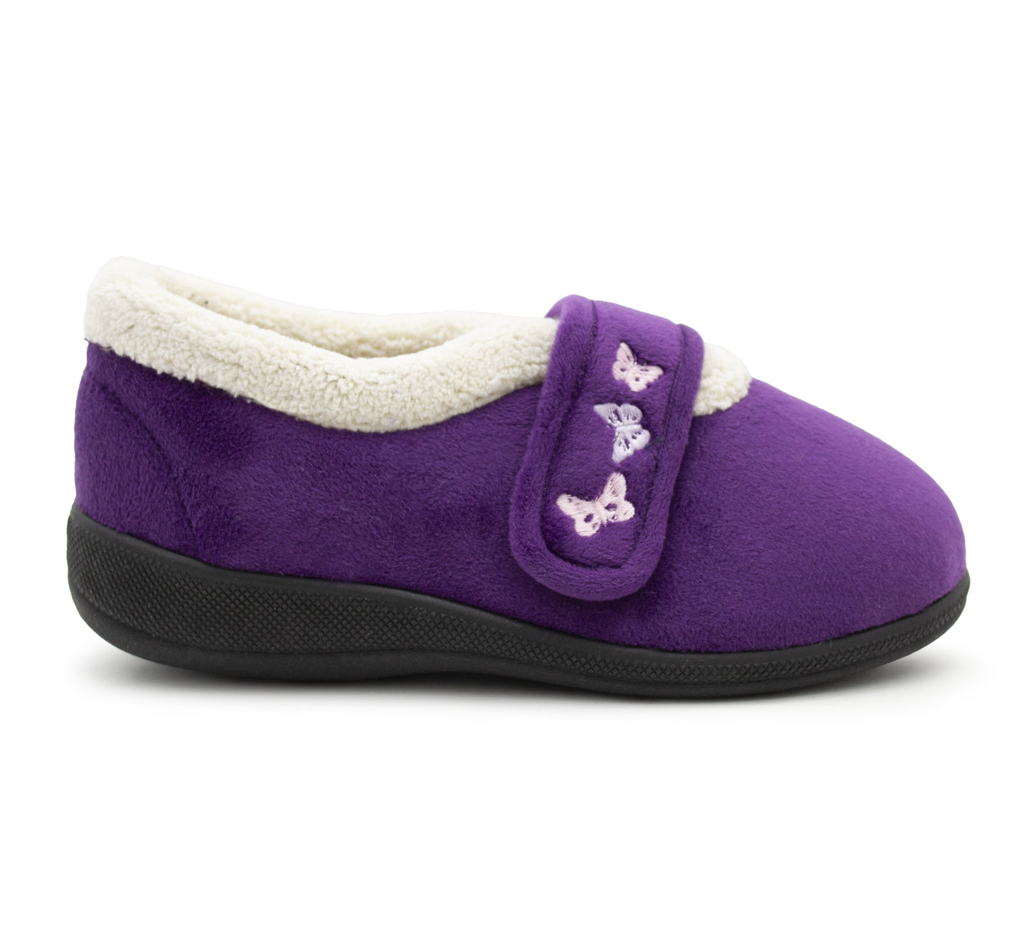 Womens Fleece Lined Purple Slippers Warm Wide Opening Touch Fasten Strap Winter Indoor Cosy Ladies Casual Flat House Shoes
