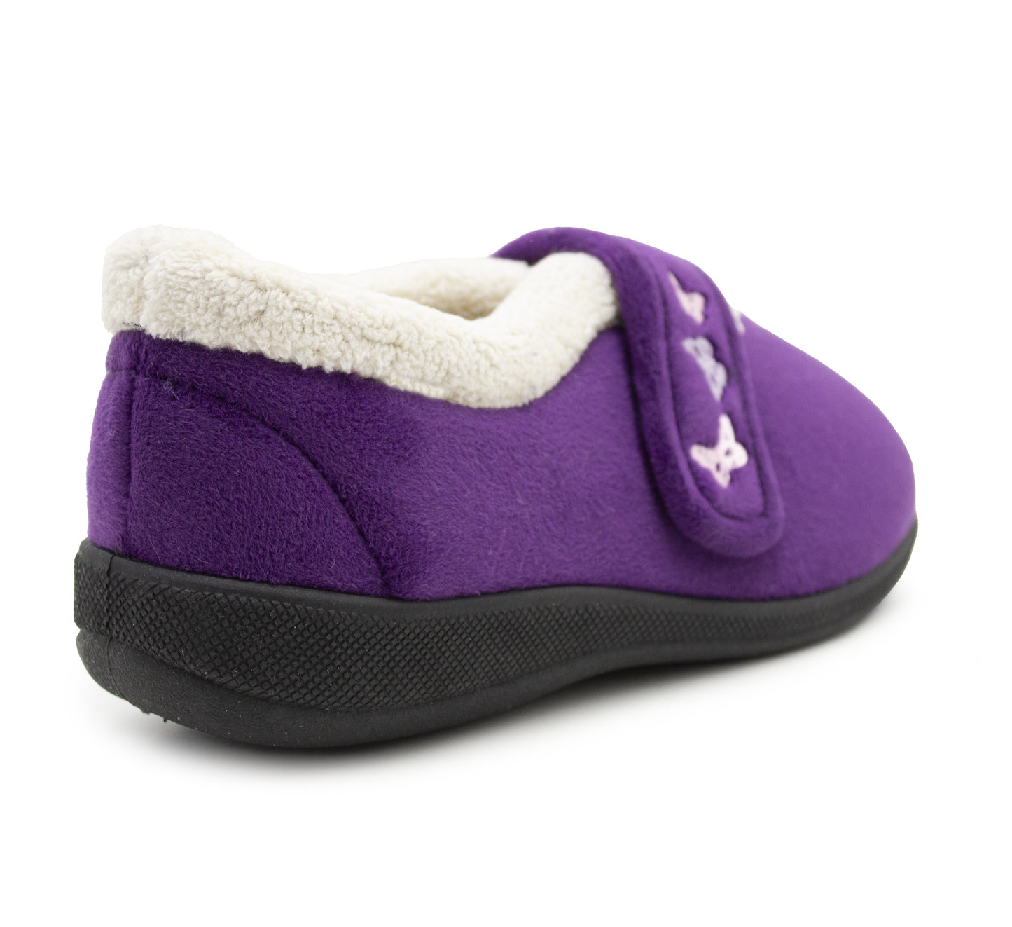 Womens Fleece Lined Purple Slippers Warm Wide Opening Touch Fasten Strap Winter Indoor Cosy Ladies Casual Flat House Shoes