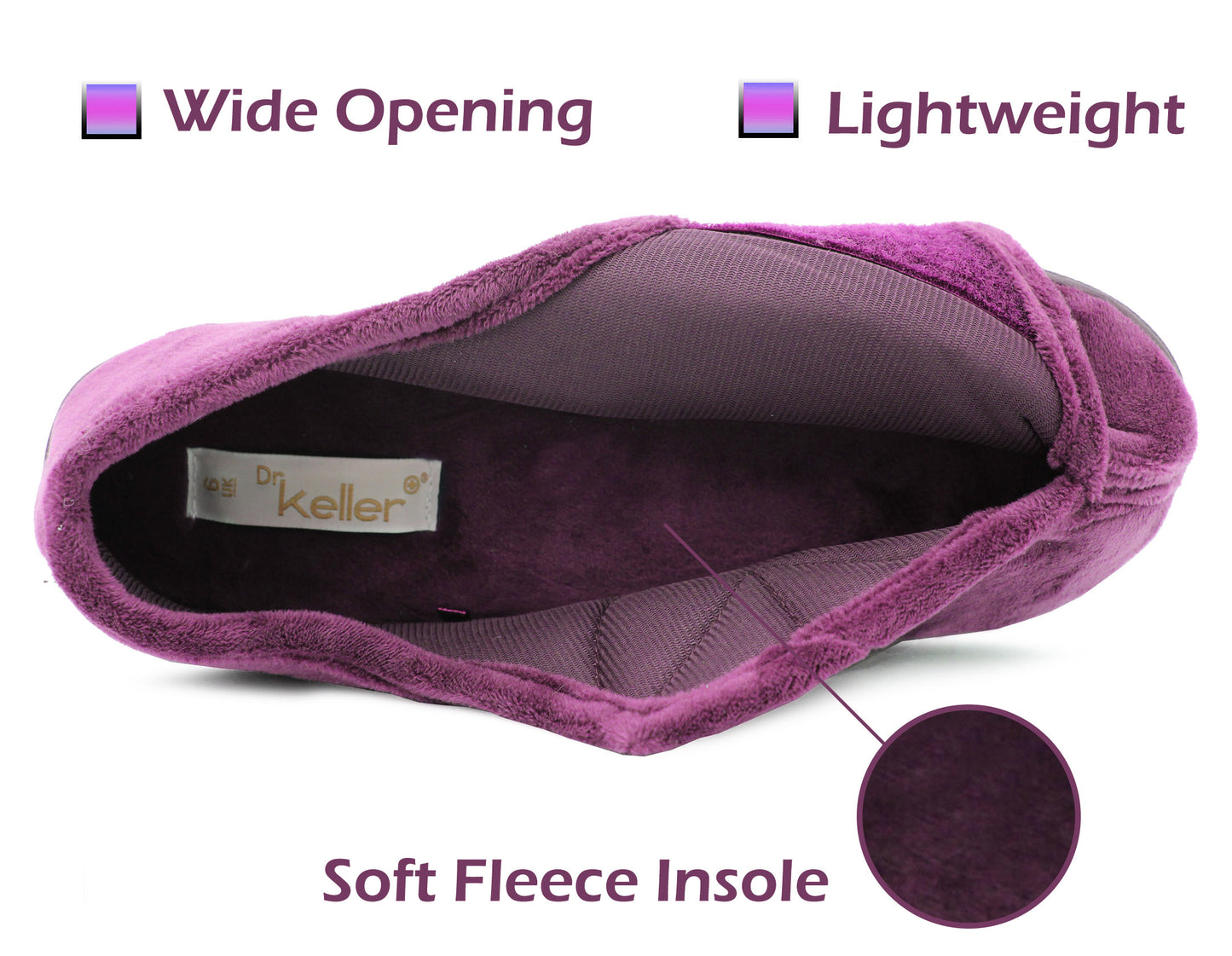 Womens Lightweight Faux Fur Wide Opening Touch Fasten Diabetic Orthopaedic Purple Slippers