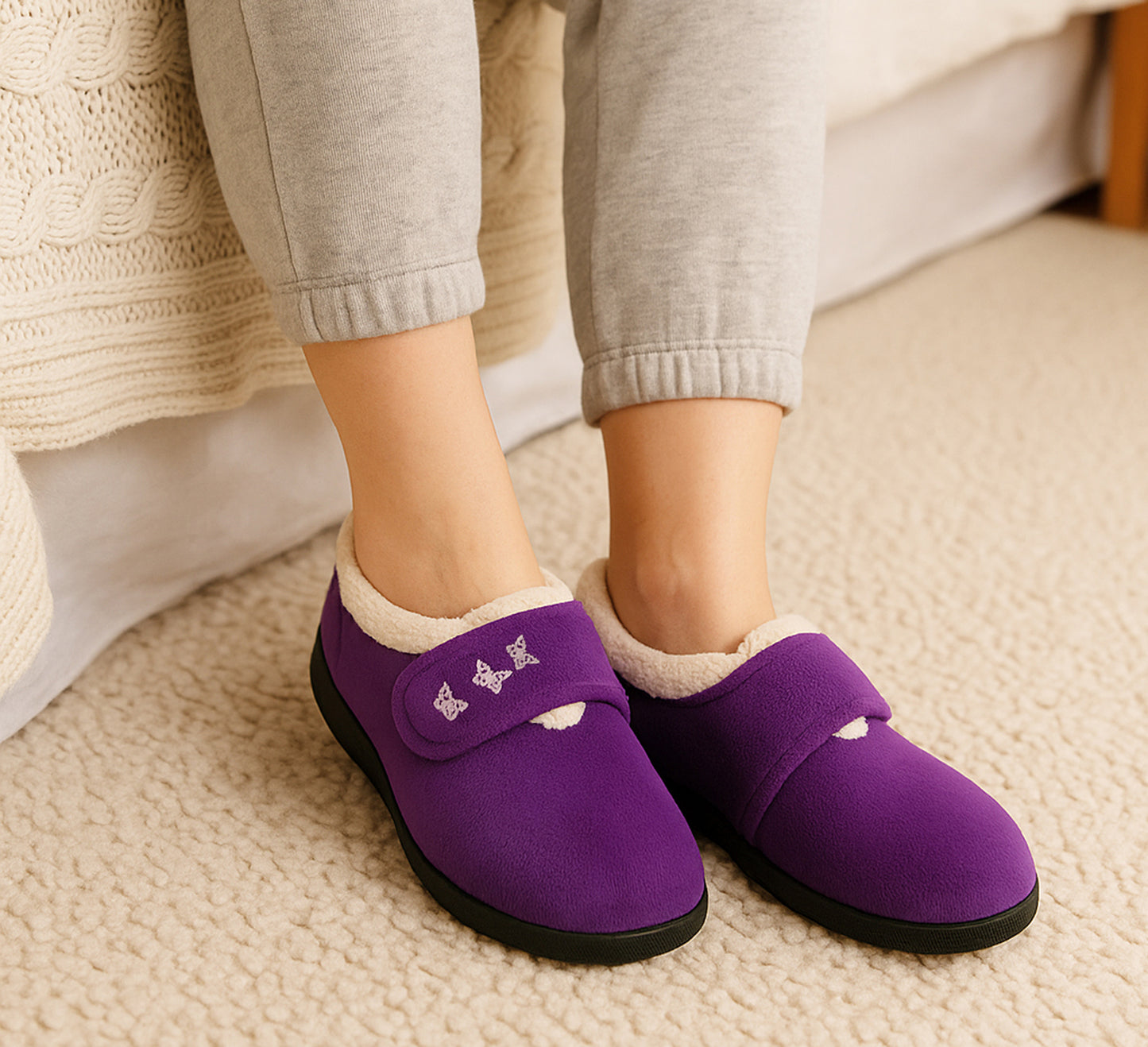 Womens Fleece Lined Purple Slippers Warm Wide Opening Touch Fasten Strap Winter Indoor Cosy Ladies Casual Flat House Shoes