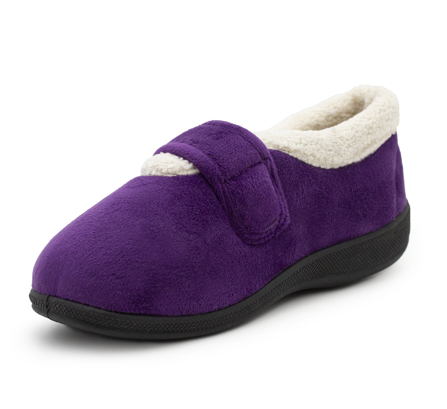Womens Fleece Lined Purple Slippers Warm Wide Opening Touch Fasten Strap Winter Indoor Cosy Ladies Casual Flat House Shoes