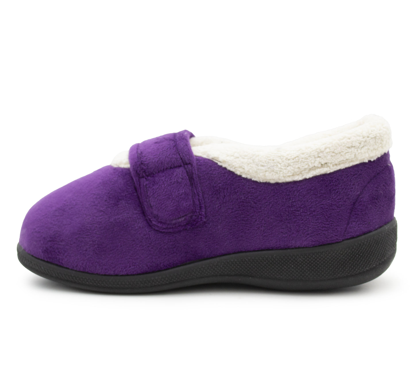 Womens Fleece Lined Purple Slippers Warm Wide Opening Touch Fasten Strap Winter Indoor Cosy Ladies Casual Flat House Shoes