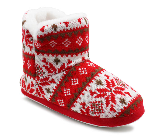 Womens Ankle Boot Slippers Knitted Red Fair Isle Warm Faux Fur Lined Slip On Cosy Lightweight Snuggle Booties