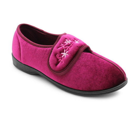 Womens Touch Fasten Slippers Red Velour Wide Opening Diabetic Slip On Ladies House Shoes