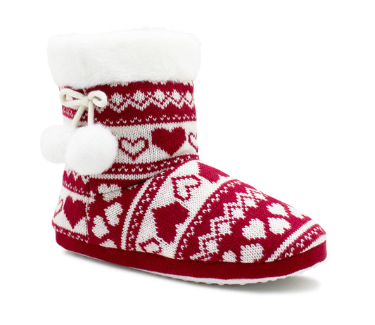 Womens Ankle Boot Slippers Knitted Pom Pom Red Fair Isle Warm Faux Fur Lined Slip On Cosy Lightweight Snuggle Booties