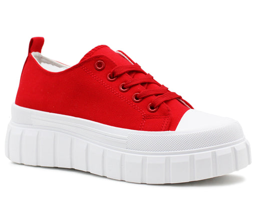 Womens Canvas Trainers Red Platform Lace Up Chunky Sole Baseball Sneakers Ladies Flat Fashion Trainer Pumps Shoes