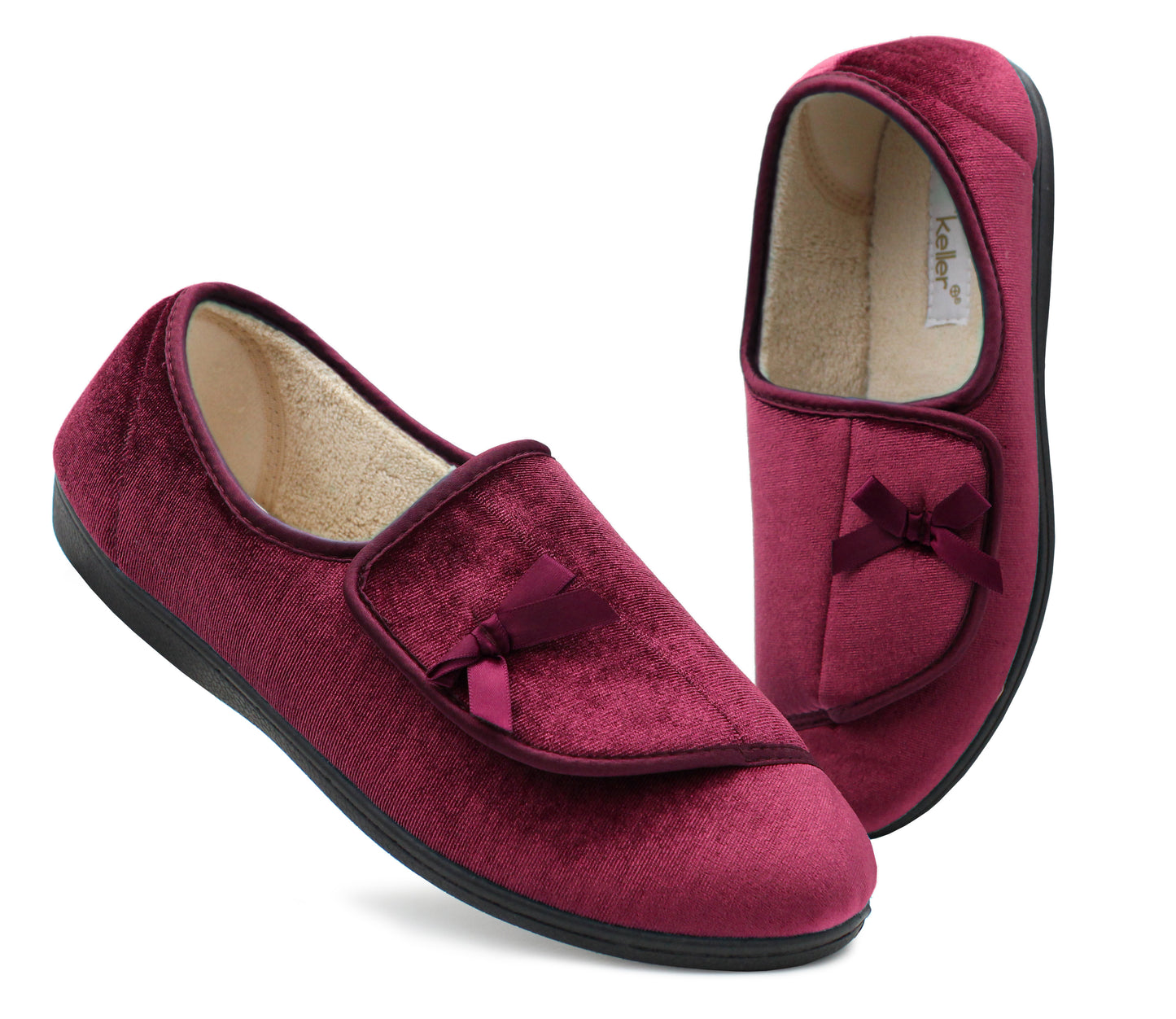 Womens Velour Faux Fur Lined Ladies Winter Wide Opening Diabetic Orthopaedic Red Slippers