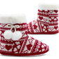 Womens Ankle Boot Slippers Knitted Pom Pom Red Fair Isle Warm Faux Fur Lined Slip On Cosy Lightweight Snuggle Booties