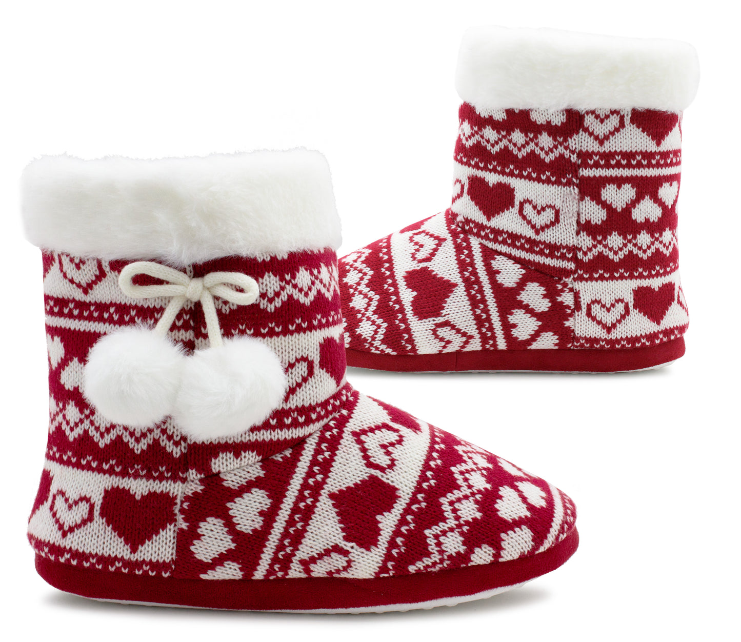 Womens Ankle Boot Slippers Knitted Pom Pom Red Fair Isle Warm Faux Fur Lined Slip On Cosy Lightweight Snuggle Booties