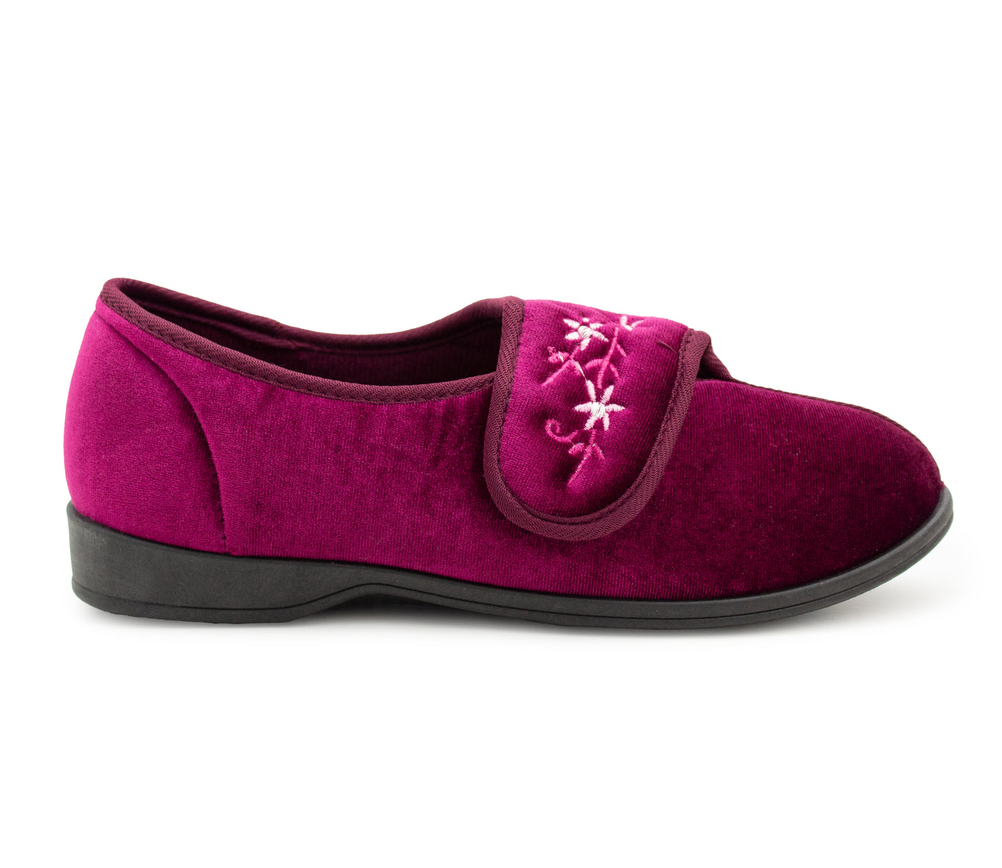 Womens Touch Fasten Slippers Red Velour Wide Opening Diabetic Slip On Ladies House Shoes