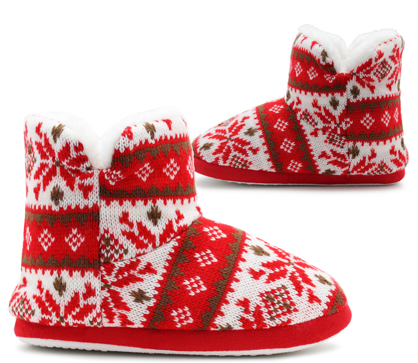 Womens Ankle Boot Slippers Knitted Red Fair Isle Warm Faux Fur Lined Slip On Cosy Lightweight Snuggle Booties