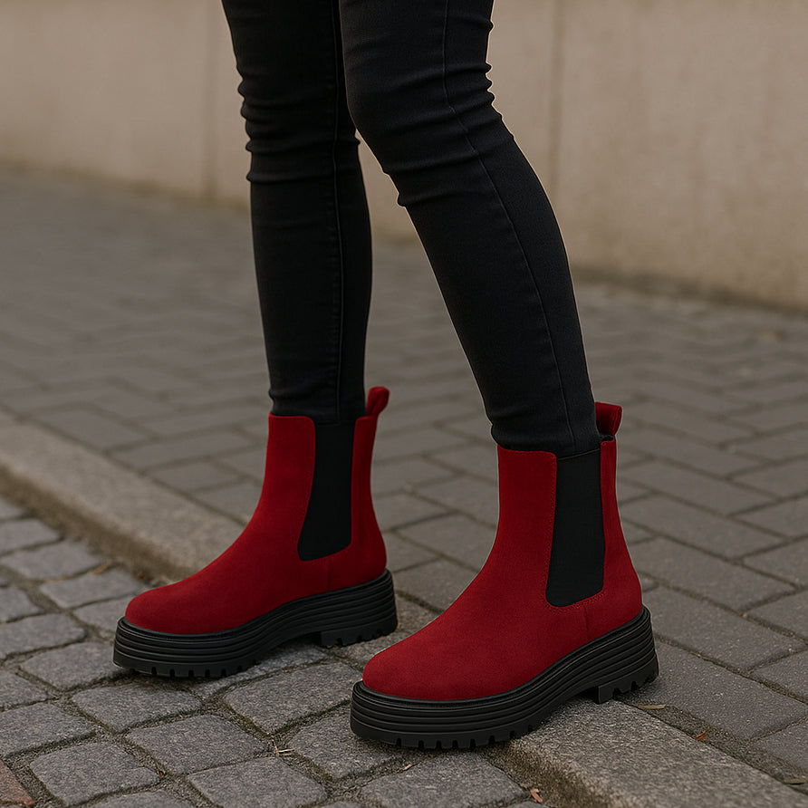 Womens Platform Boots Ladies Slip On Chunky Sole Faux Suede Elastic Slip On Fashion Chelsea High Ankle Boots