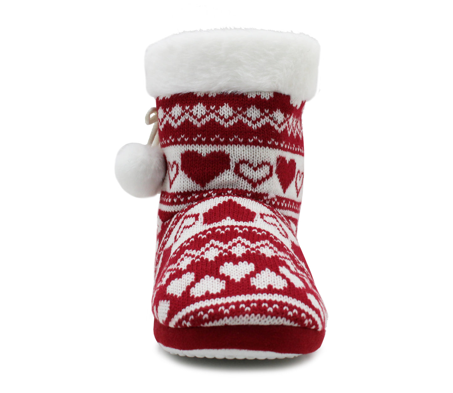 Womens Ankle Boot Slippers Knitted Pom Pom Red Fair Isle Warm Faux Fur Lined Slip On Cosy Lightweight Snuggle Booties