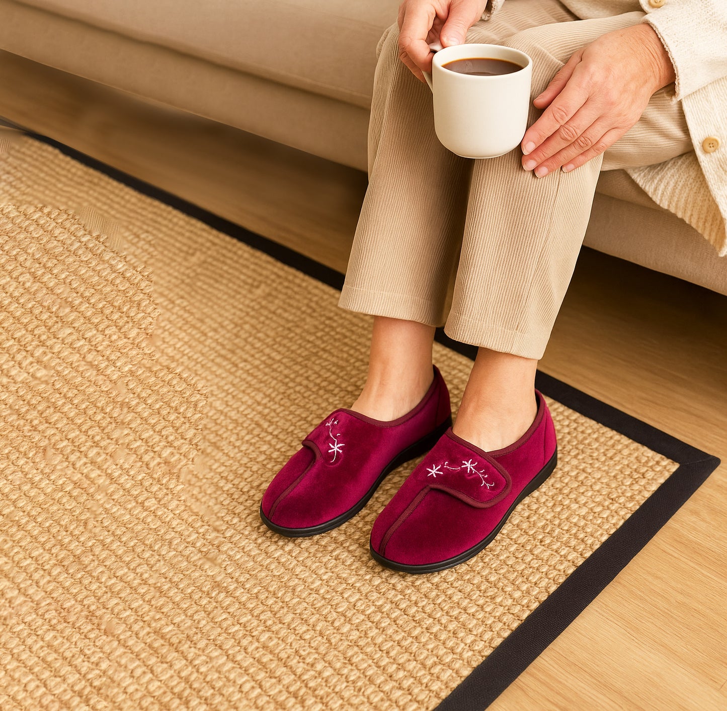 Womens Touch Fasten Slippers Red Velour Wide Opening Diabetic Slip On Ladies House Shoes