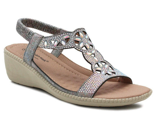 Womens Slingback Sandals Slip On Elastic Stretch Ladies Wedge Heel Pewter Diamante Summer Sandals