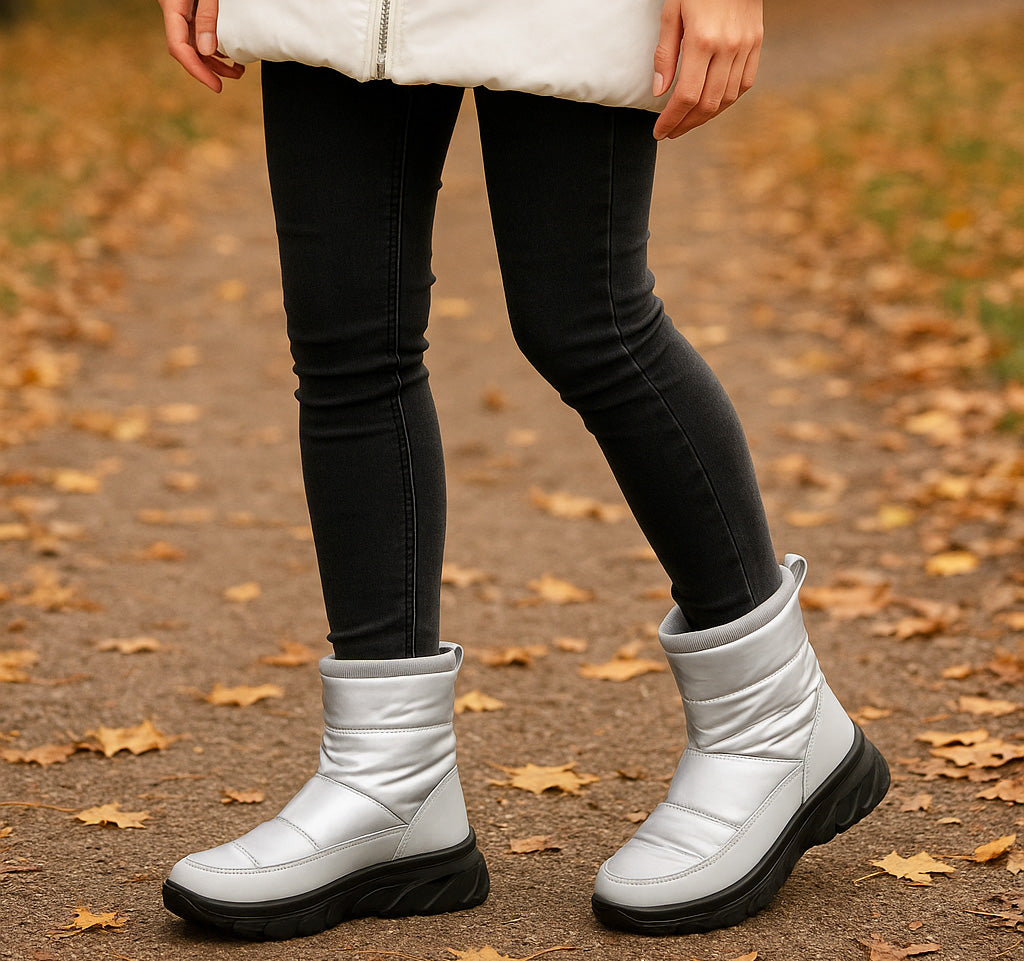 Womens Winter Boots Ladies Faux Fur Lined Zip Lightweight Silver Metallic Quilted Warm Thermal Ankle Boots