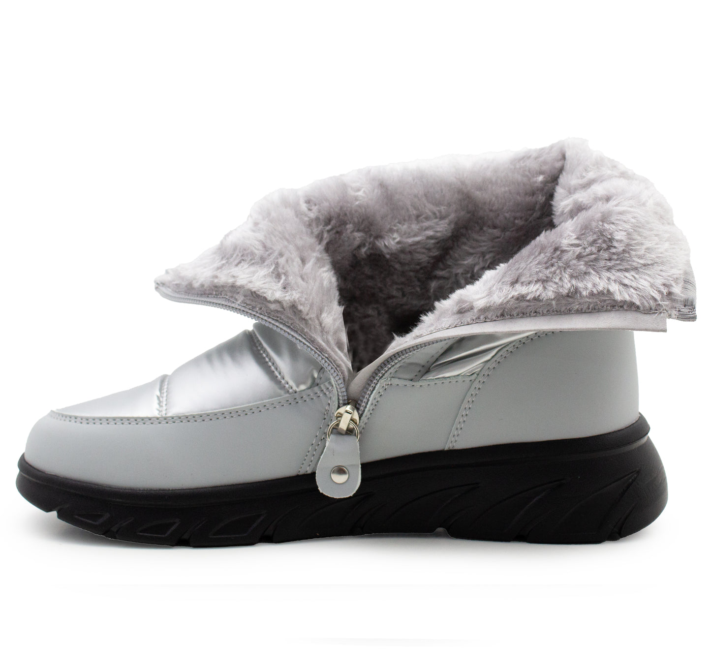 Womens Winter Boots Ladies Faux Fur Lined Zip Lightweight Silver Metallic Quilted Warm Thermal Ankle Boots