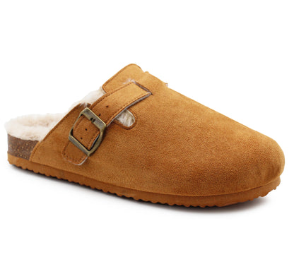 Womens Winter Khaki Slippers Faux Fur Lined Suede Clogs Slip On Adjustable Buckle Cork Footbed Backless Mules Ladies Casual Slippers