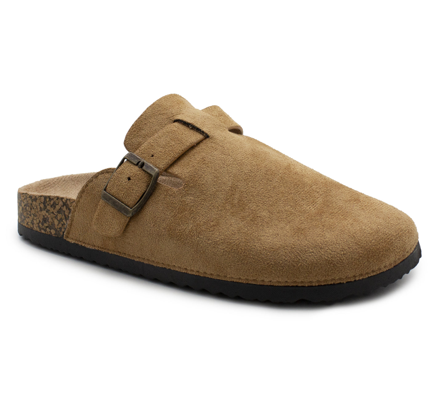 Womens Faux Suede Clogs Slip On Adjustable Buckle Cork Footbed Arch Support Ladies Backless Mules Flat Casual Slippers