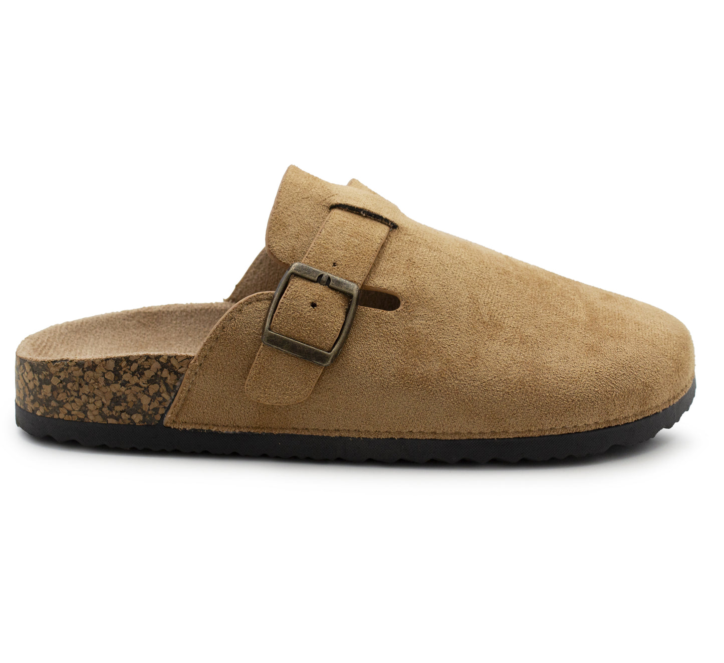 Womens Faux Suede Clogs Slip On Adjustable Buckle Cork Footbed Arch Support Ladies Backless Mules Flat Casual Slippers