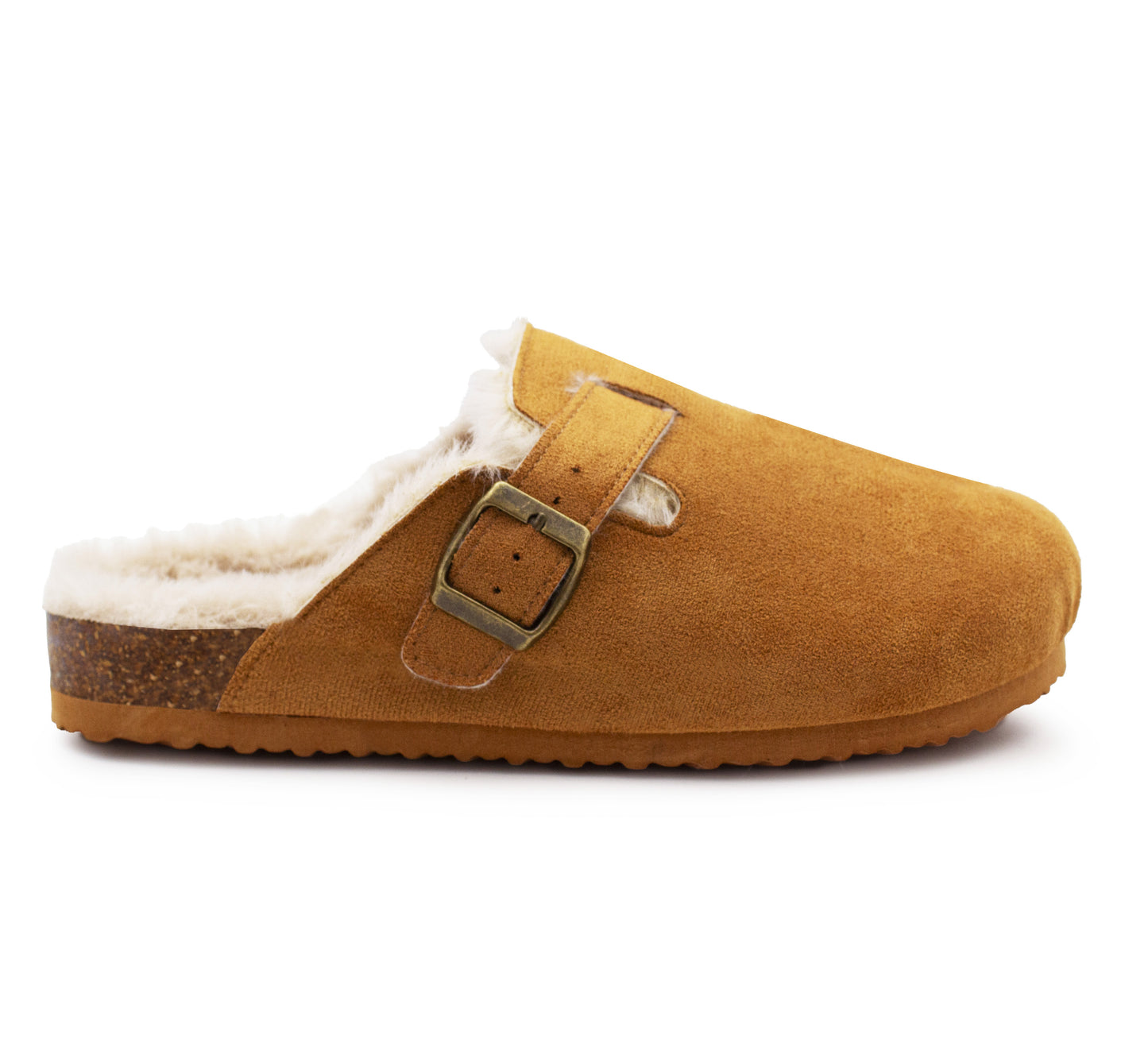 Womens Winter Khaki Slippers Faux Fur Lined Suede Clogs Slip On Adjustable Buckle Cork Footbed Backless Mules Ladies Casual Slippers