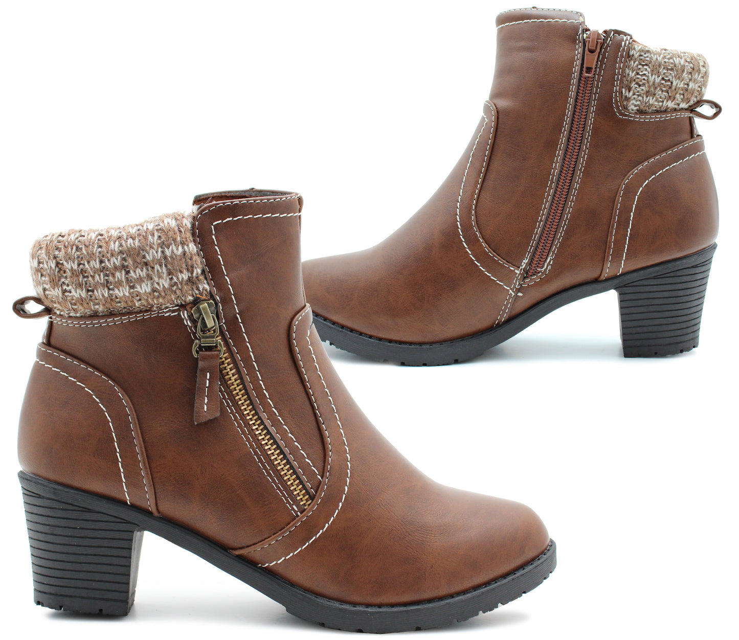 Womens Mid Heel Brown Ankle Boots Ladies Zip Up Casual Fashion Block Heel Booties