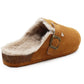 Womens Winter Khaki Slippers Faux Fur Lined Suede Clogs Slip On Adjustable Buckle Cork Footbed Backless Mules Ladies Casual Slippers
