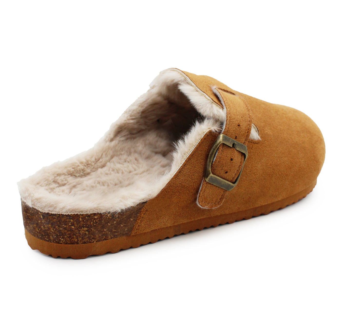 Womens Winter Khaki Slippers Faux Fur Lined Suede Clogs Slip On Adjustable Buckle Cork Footbed Backless Mules Ladies Casual Slippers
