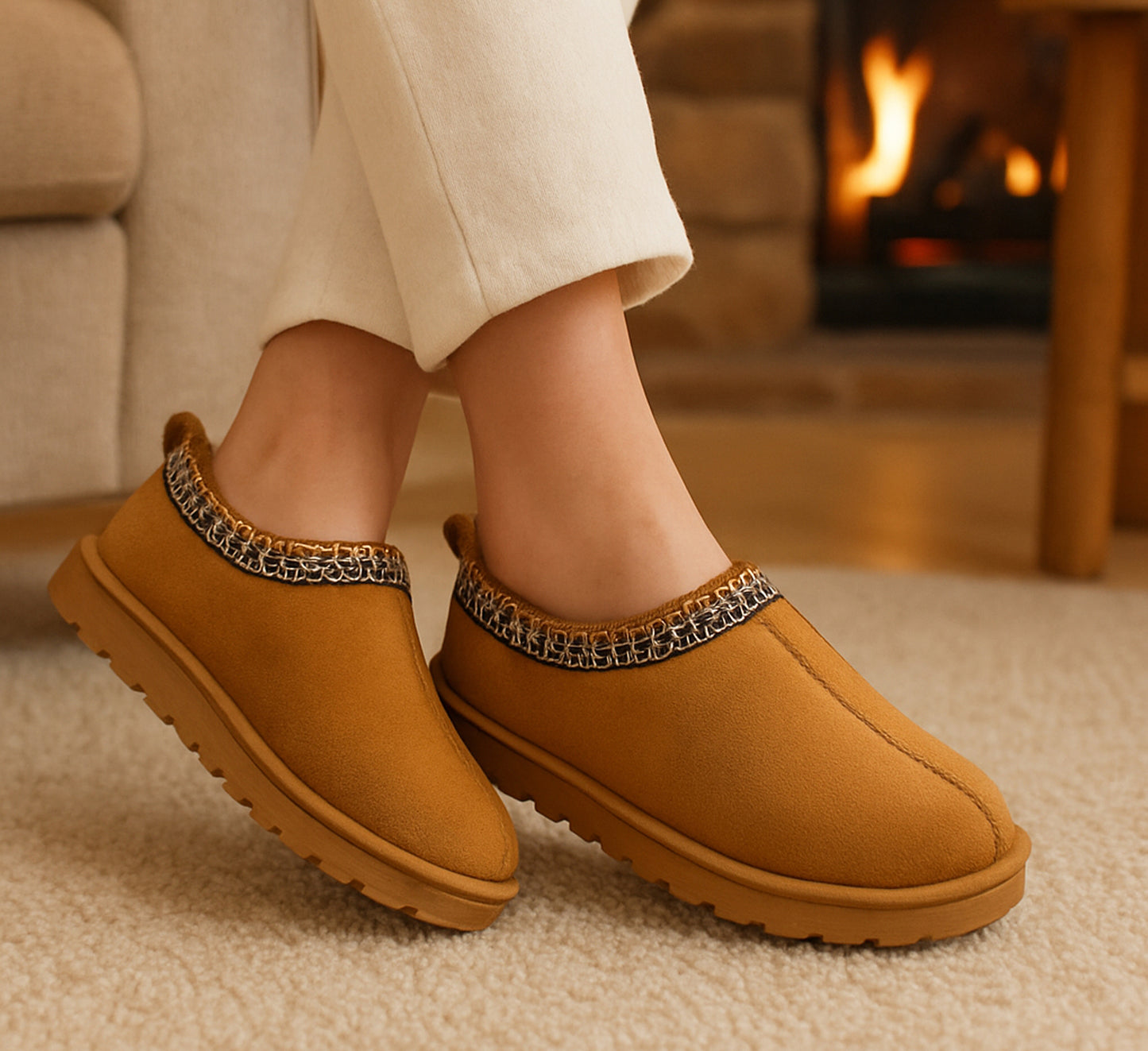 Womens Warm Slippers Tan Faux Suede Fur Lined Slip On Backless Mules Ladies Faux Suede Winter Cosy Indoor House Shoes Sliders