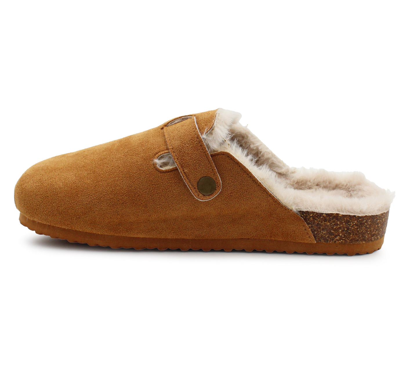 Womens Winter Khaki Slippers Faux Fur Lined Suede Clogs Slip On Adjustable Buckle Cork Footbed Backless Mules Ladies Casual Slippers