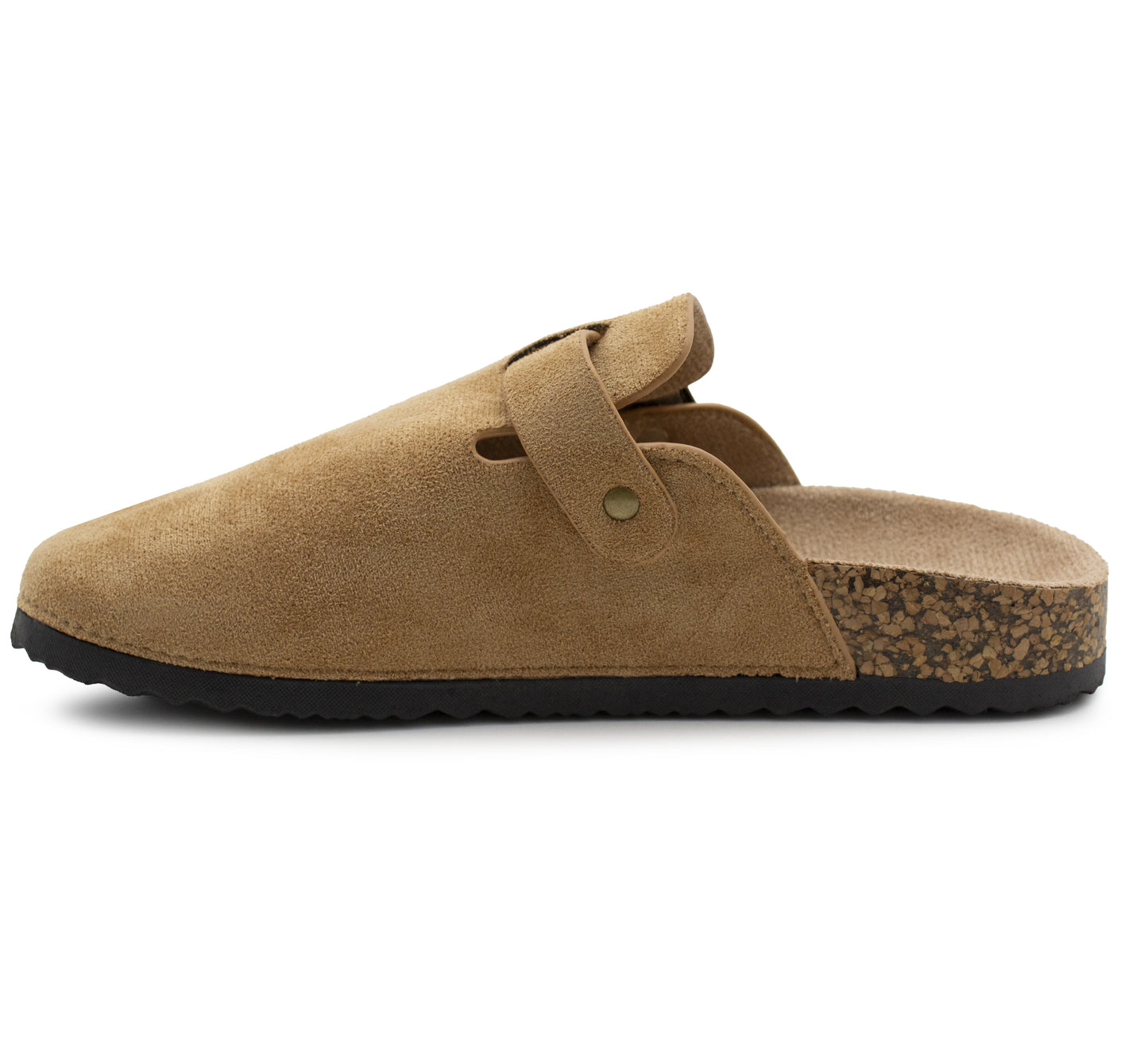 Womens Faux Suede Clogs Slip On Adjustable Buckle Cork Footbed Arch Support Ladies Backless Mules Flat Casual Slippers