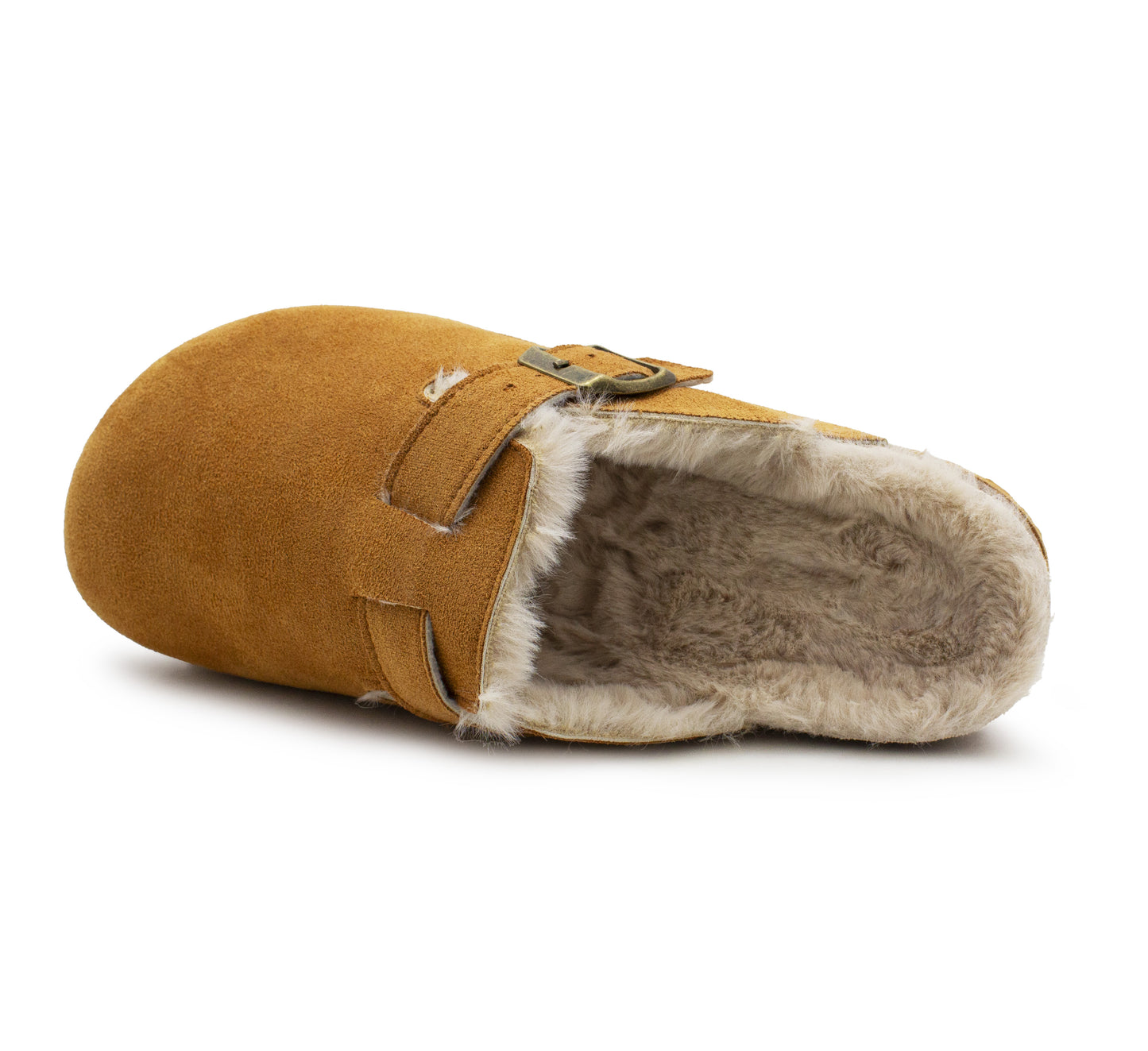 Womens Winter Khaki Slippers Faux Fur Lined Suede Clogs Slip On Adjustable Buckle Cork Footbed Backless Mules Ladies Casual Slippers