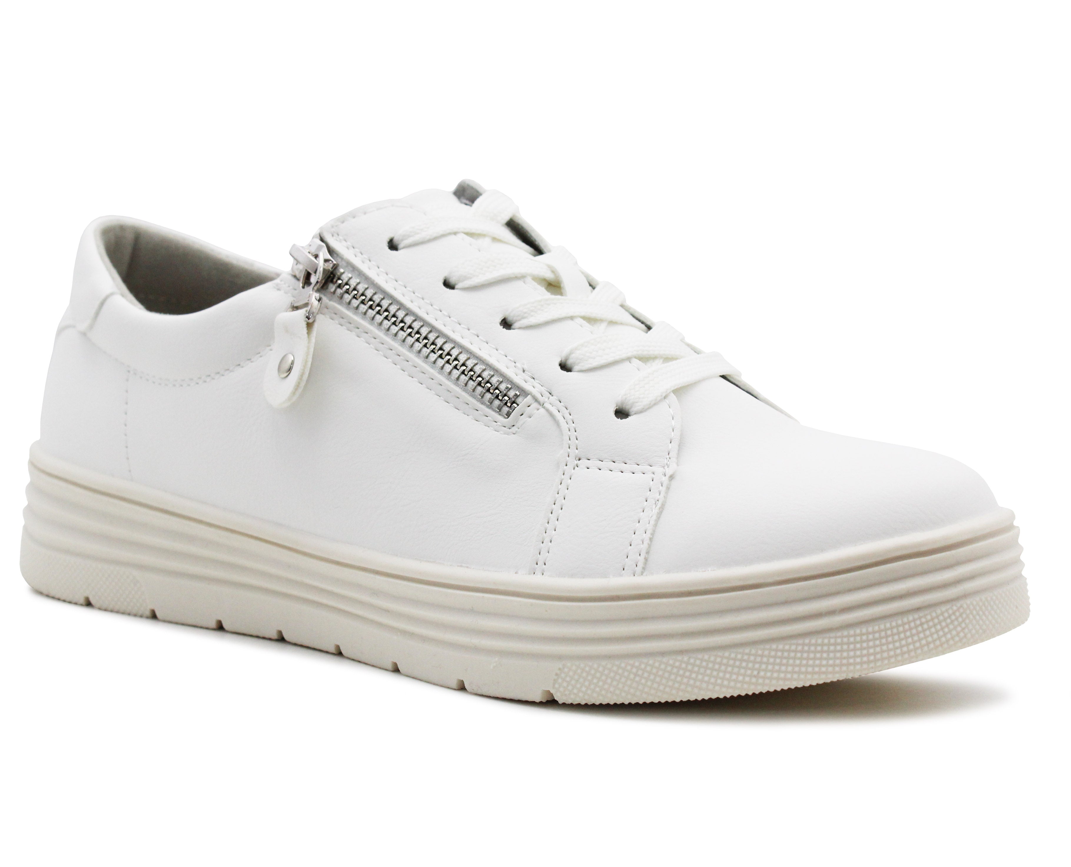 Womens Casual Lace Up White Fashion Trainers Side Zip Fastening Sneake A H Wholesale Footwear