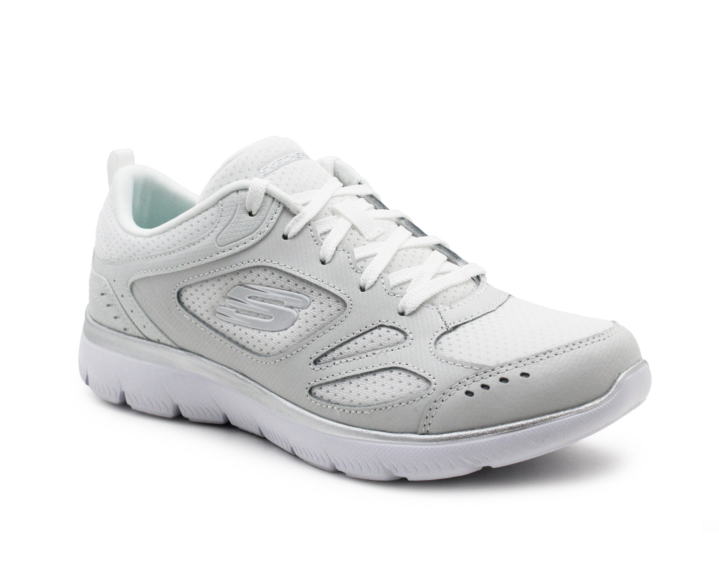 Skechers Women's Summits Suited Lace Up Low-Top Sneakers Skech-Flex Memory Foam Insole White Silver