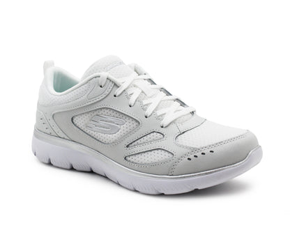 Skechers Women's Summits Suited Lace Up Low-Top Sneakers Skech-Flex Memory Foam Insole White Silver