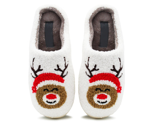 Womens Reindeer Novelty Slippers Character Plush Festive Fun Christmas Slipper Mules White