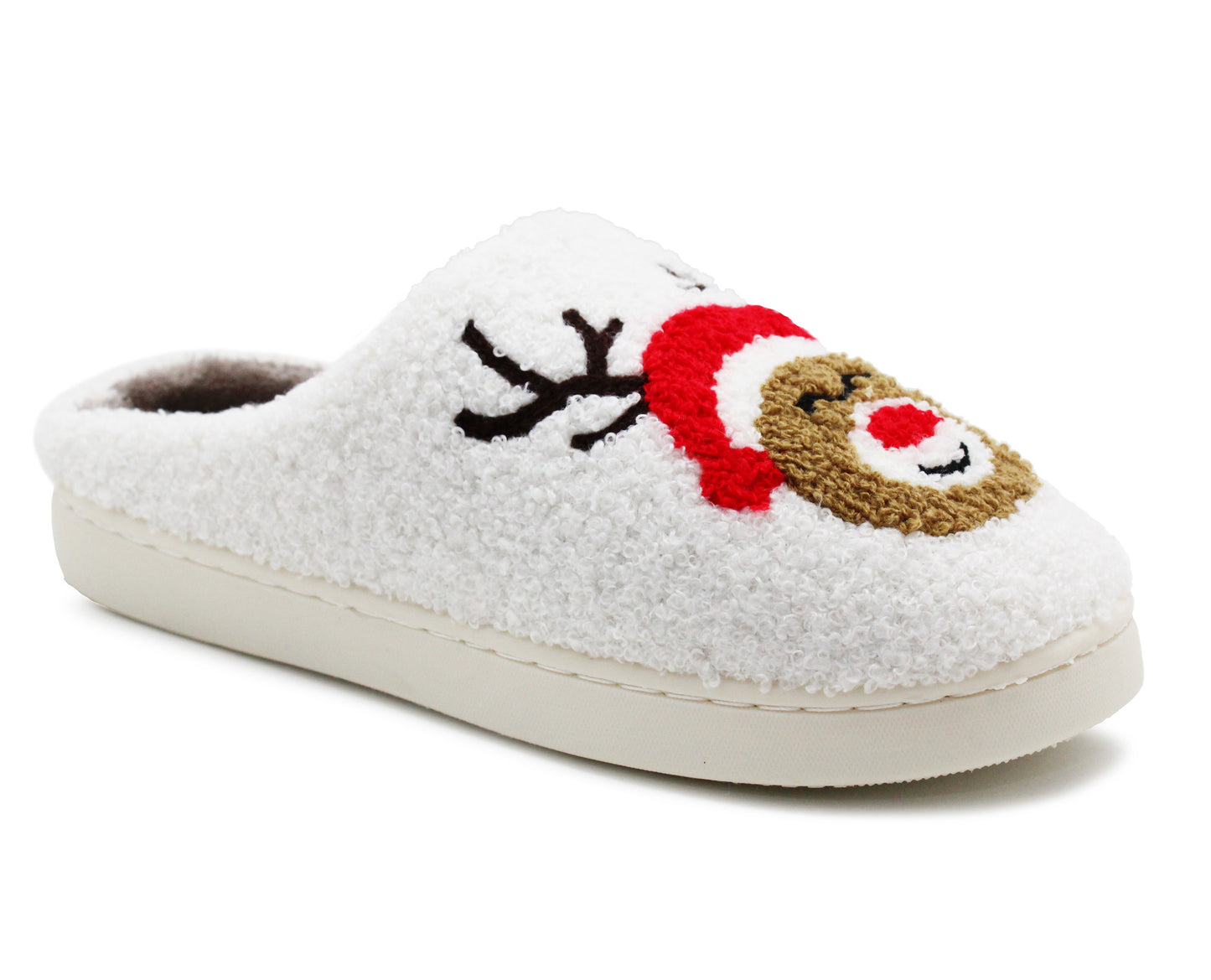 Womens Reindeer Novelty Slippers Character Plush Festive Fun Christmas Slipper Mules White