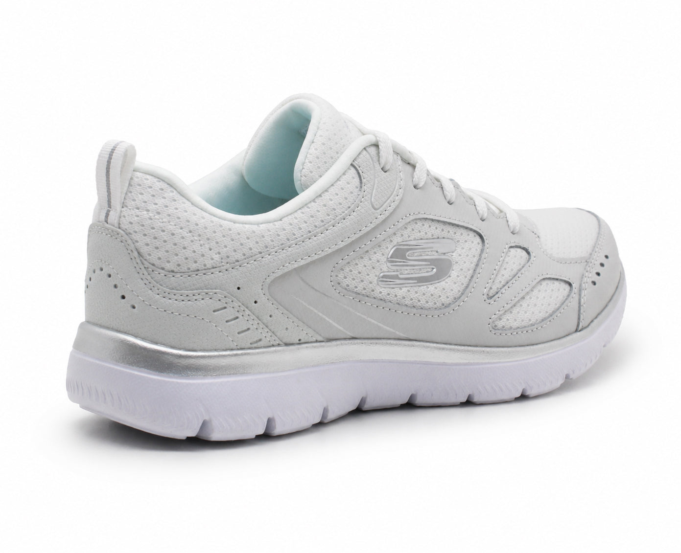 Skechers Women's Summits Suited Lace Up Low-Top Sneakers Skech-Flex Memory Foam Insole White Silver