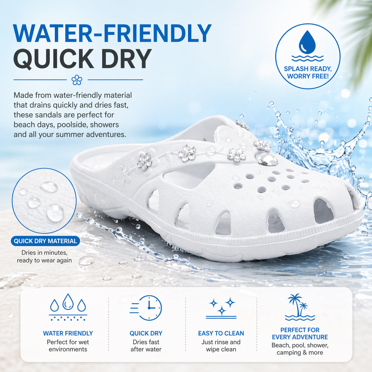 Womens Lightweight Clogs Slip On Backless Breathable Ladies Summer Sandals EVA Quick Dry Beach Pool Slide Mule Slippers
